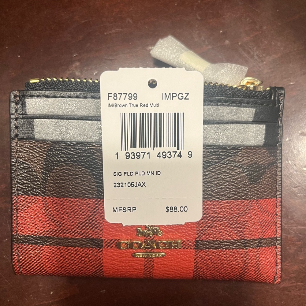 Coach red plaid coin/ID purse with keychain